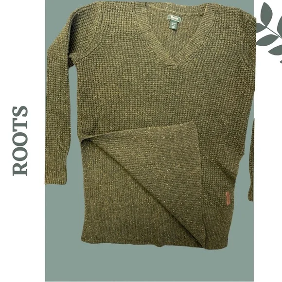 Roots Women’s Wool Blend Waffle Knit Green Long Sleeve Sweater Extra Small - Picture 5 of 7